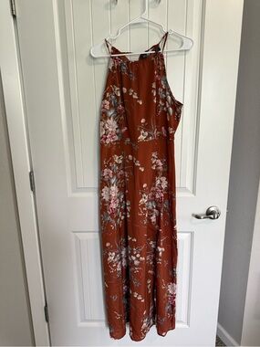 SHEIN Rust Floral Maxi Dress with Pink & Cream Blooms